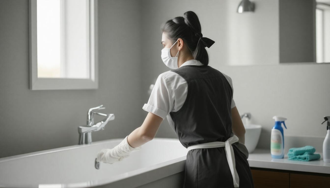 A woman in a white apron scrubs a bathtub, focusing on cleaning the surface with a sponge.
