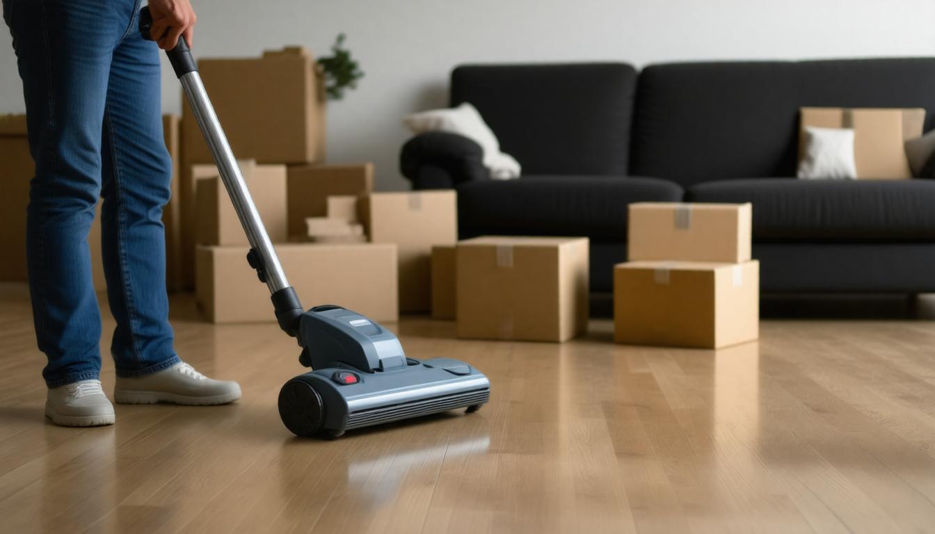A man is using a vacuum cleaner to clean the floor in a tidy room.