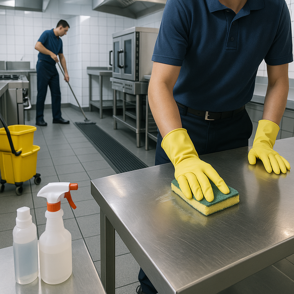 A man in a blue shirt and yellow gloves is cleaning a counter with a cloth.