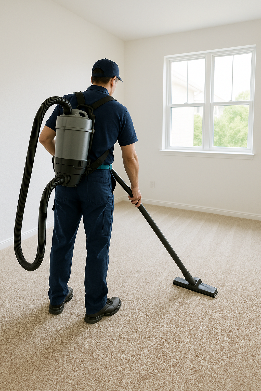 A man is vacuuming a carpeted room with a vacuum cleaner, focusing on cleaning the floor.