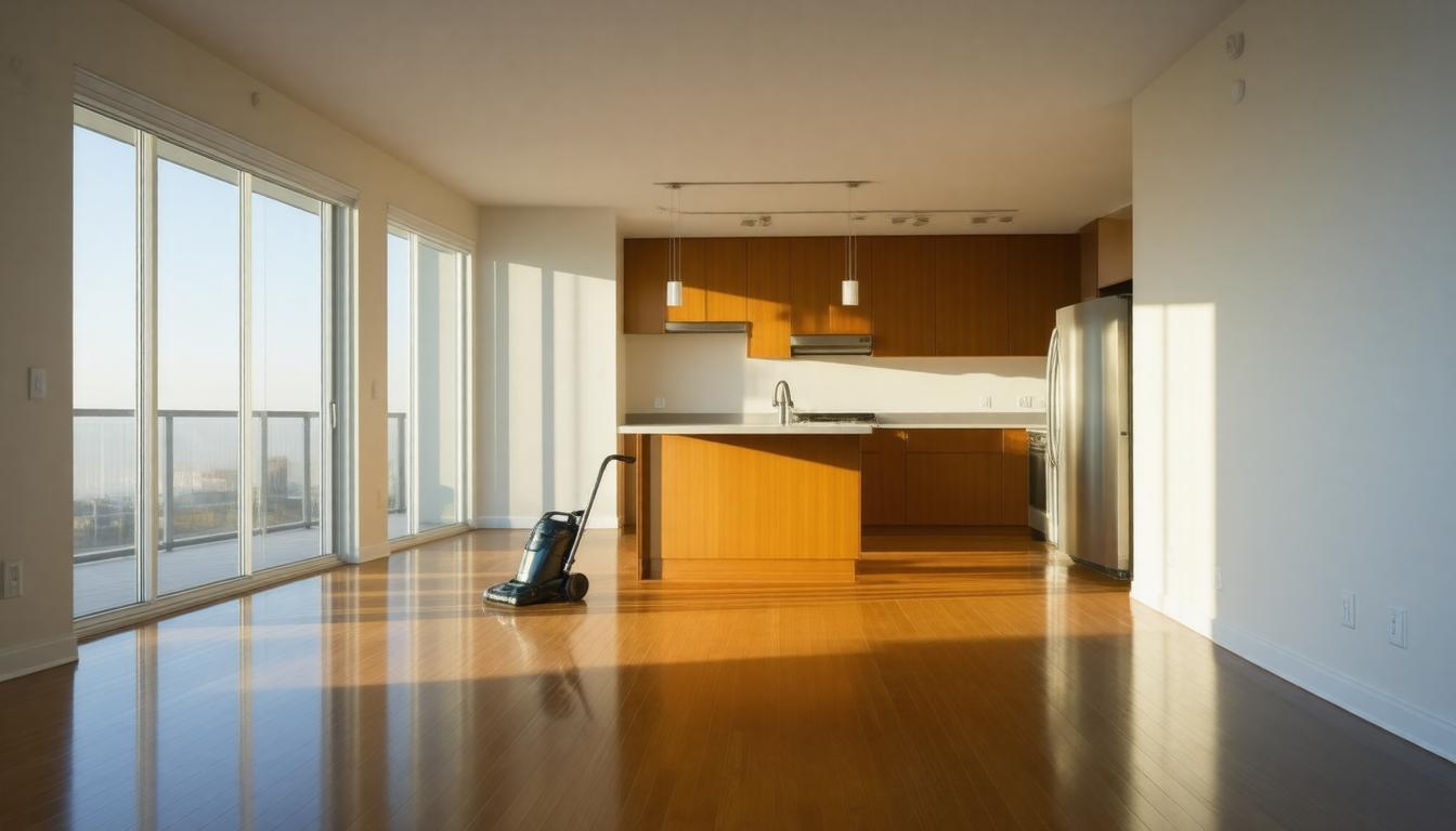 An empty kitchen featuring hardwood floors and a vacuum cleaner positioned against the wall.