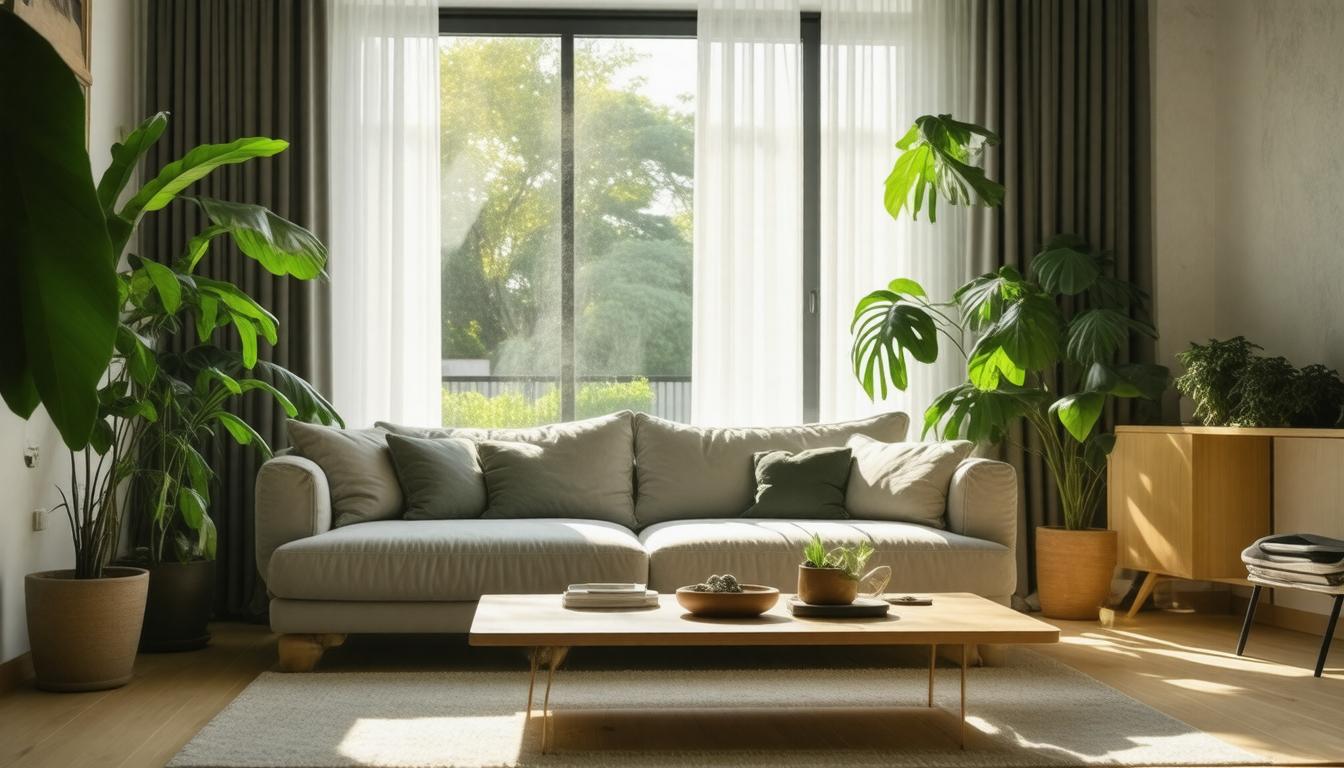 A cozy living room featuring a couch, coffee table, and several indoor plants.