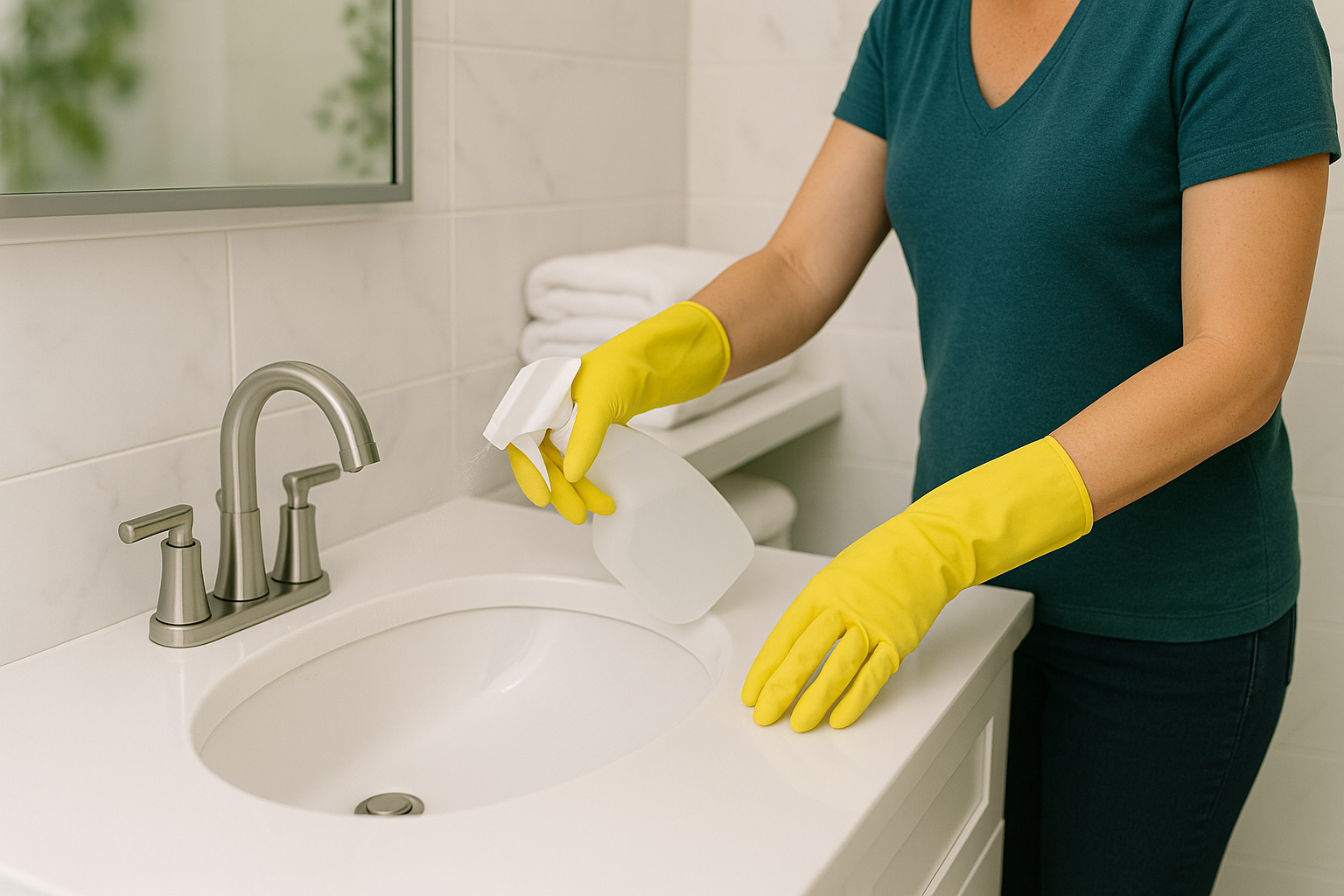 A woman in yellow gloves and a blue shirt cleans a bathroom sink, focusing on maintaining cleanliness and hygiene.