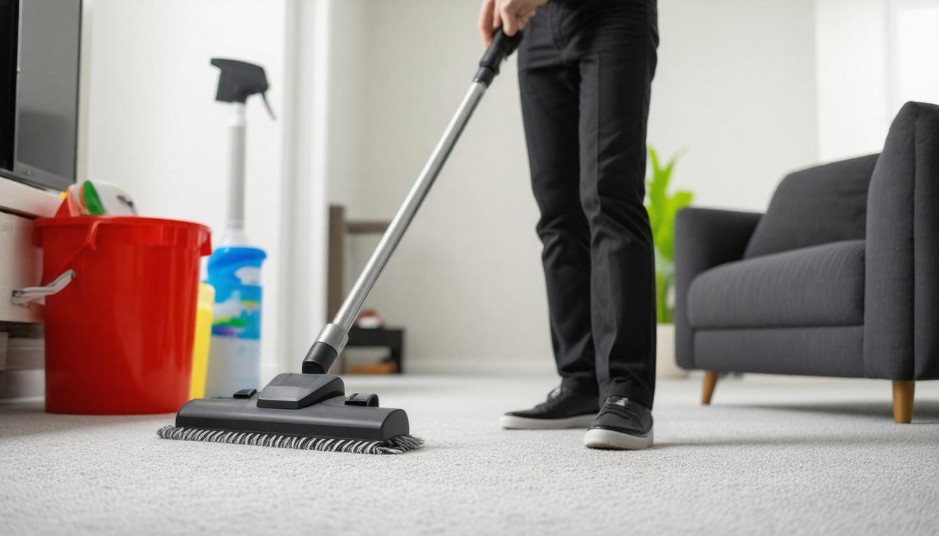 A blue mop resting on a polished hardwood floor, ready for cleaning.