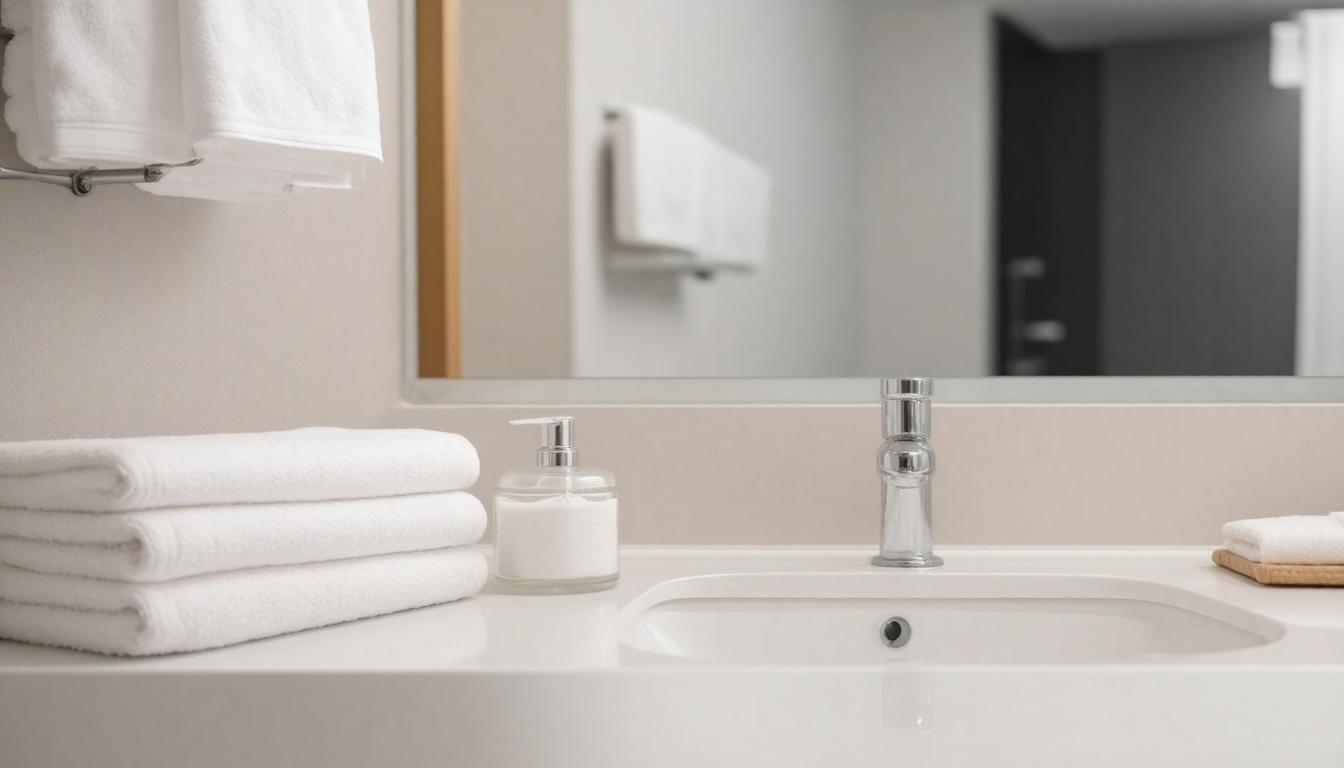 A bathroom sink with neatly arranged towels and a large mirror reflecting the room's interior.