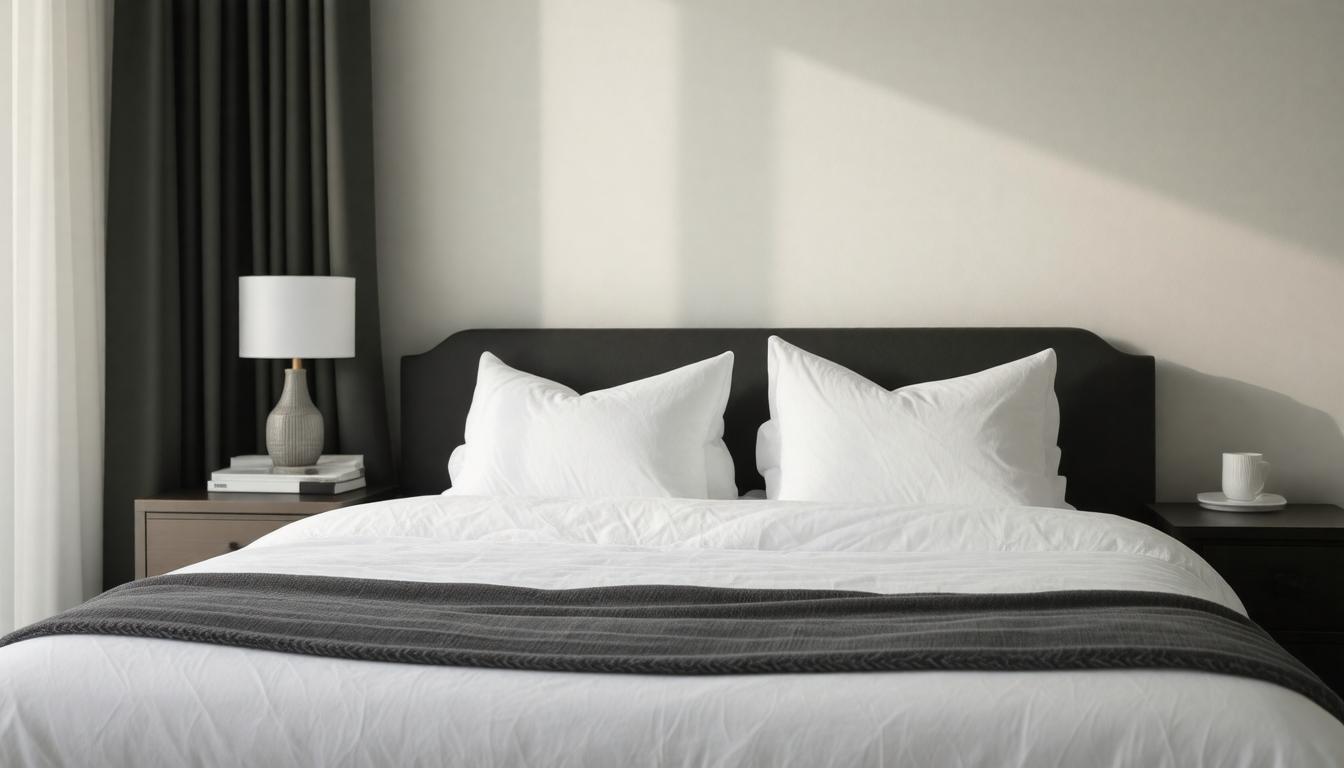 A white bed with a black headboard and black pillows, neatly arranged in a well-lit bedroom setting.