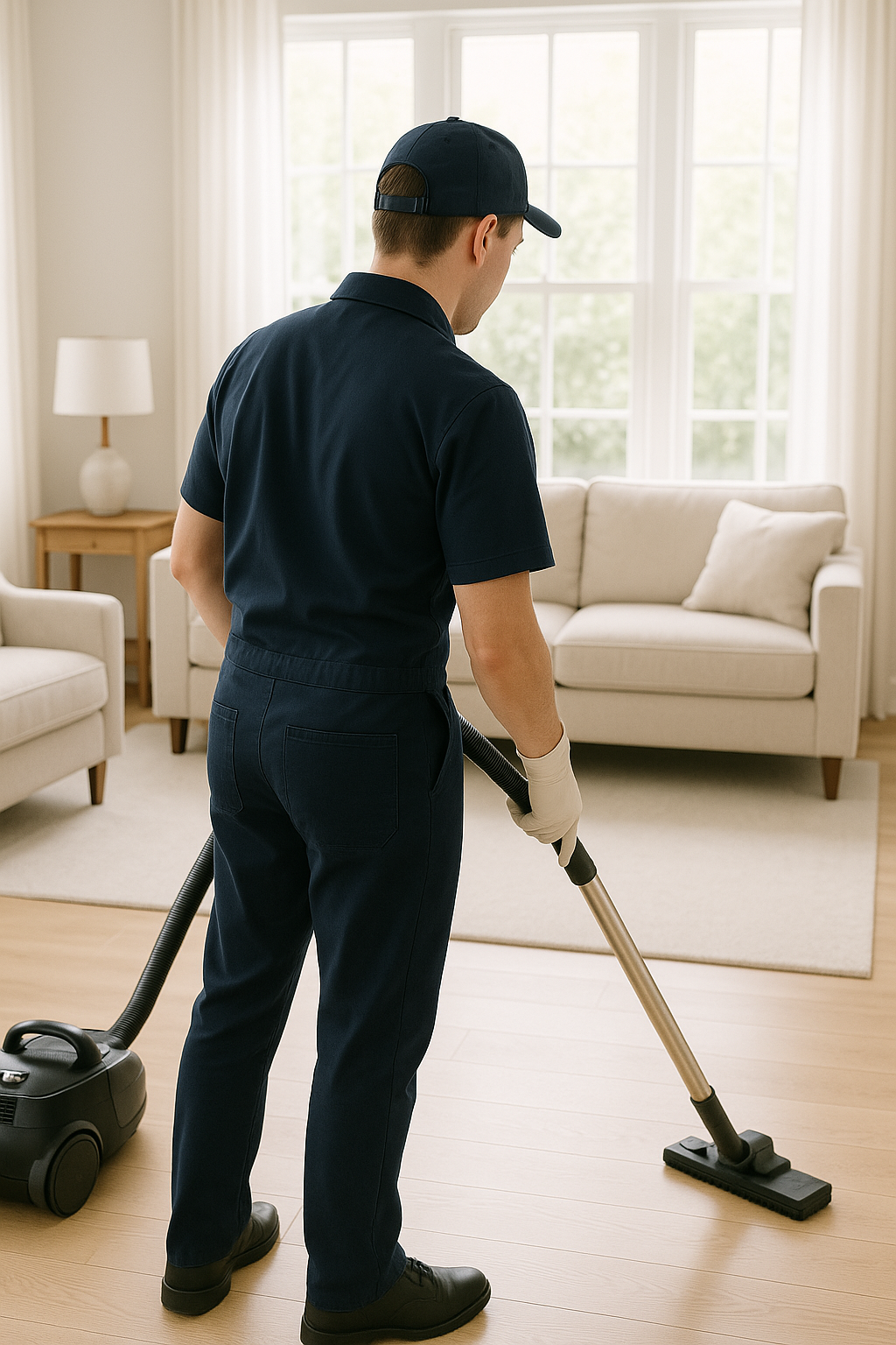 A man in a blue uniform is cleaning a room with a vacuum cleaner and organizing furniture.
