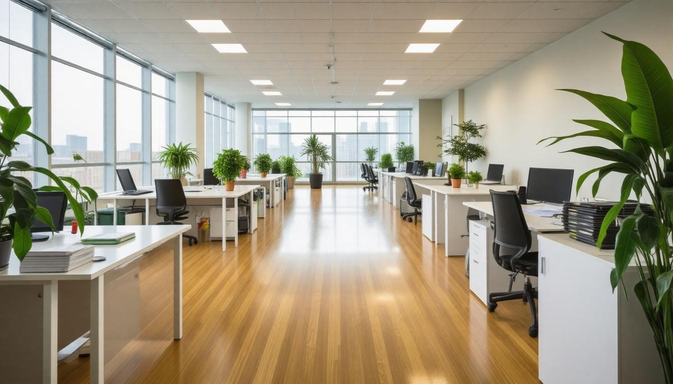 An office space featuring multiple desks and various indoor plants for a vibrant work environment.