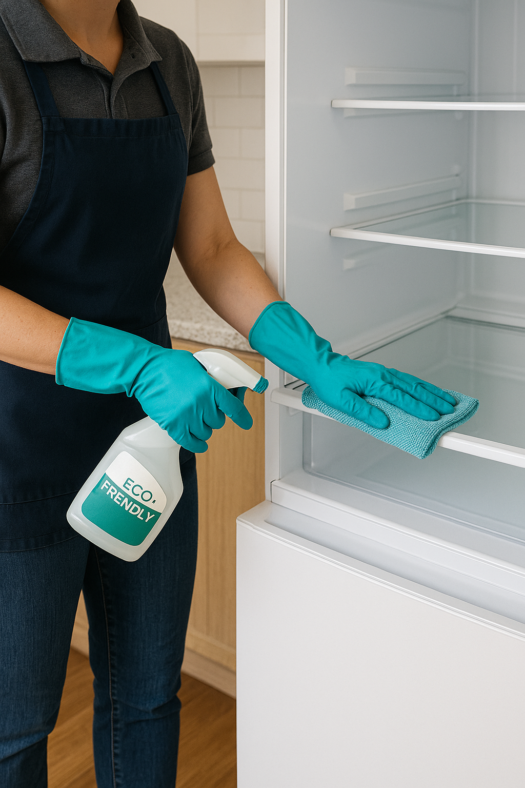 A woman in gloves and an apron cleans the interior of an open refrigerator.