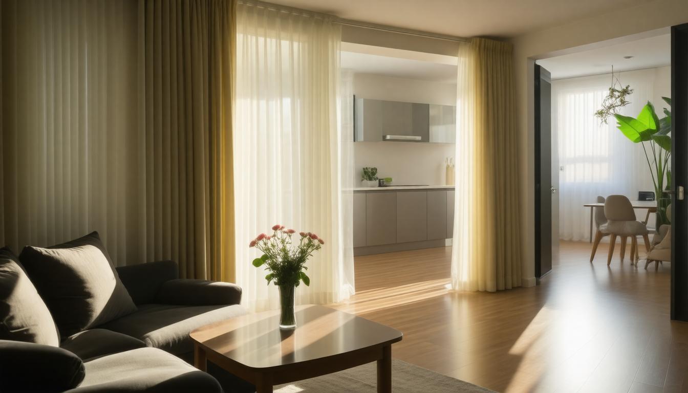 A cozy living room featuring a couch, coffee table, and a large window letting in natural light.