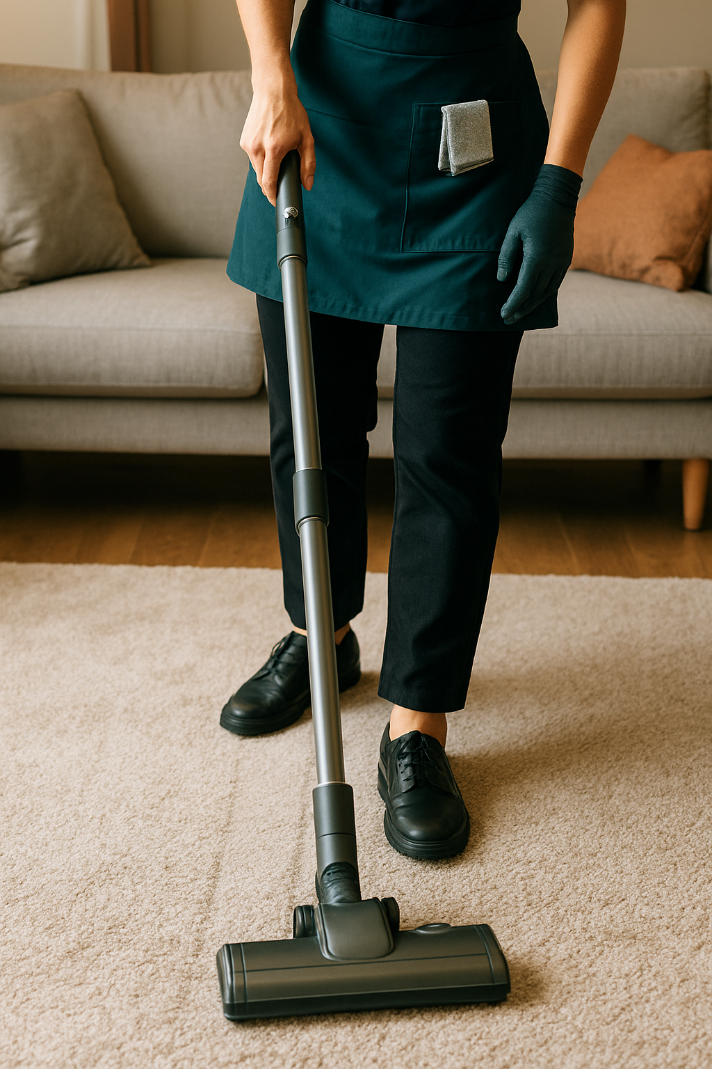 A woman in an apron vacuums a carpet, focused on cleaning the surface thoroughly.