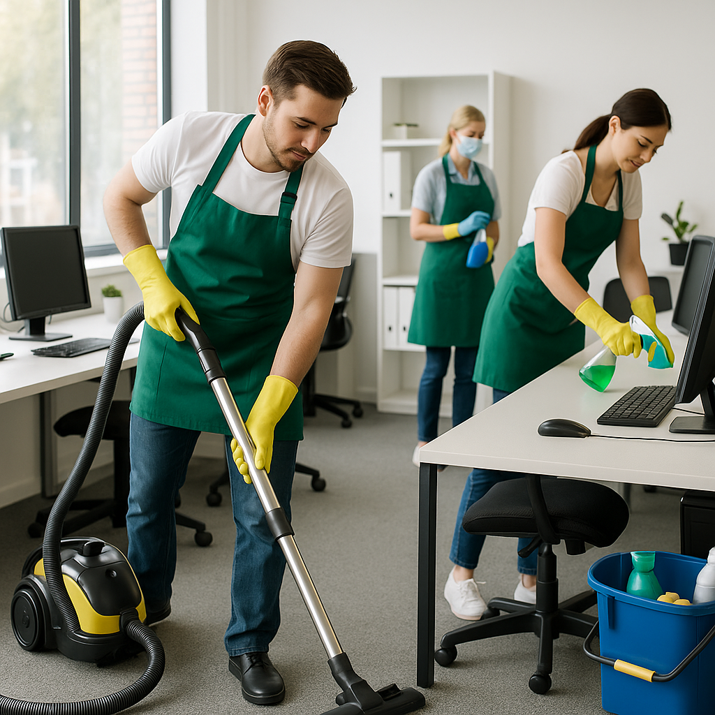A man and woman are cleaning an office, organizing papers and wiping surfaces to maintain a tidy workspace.