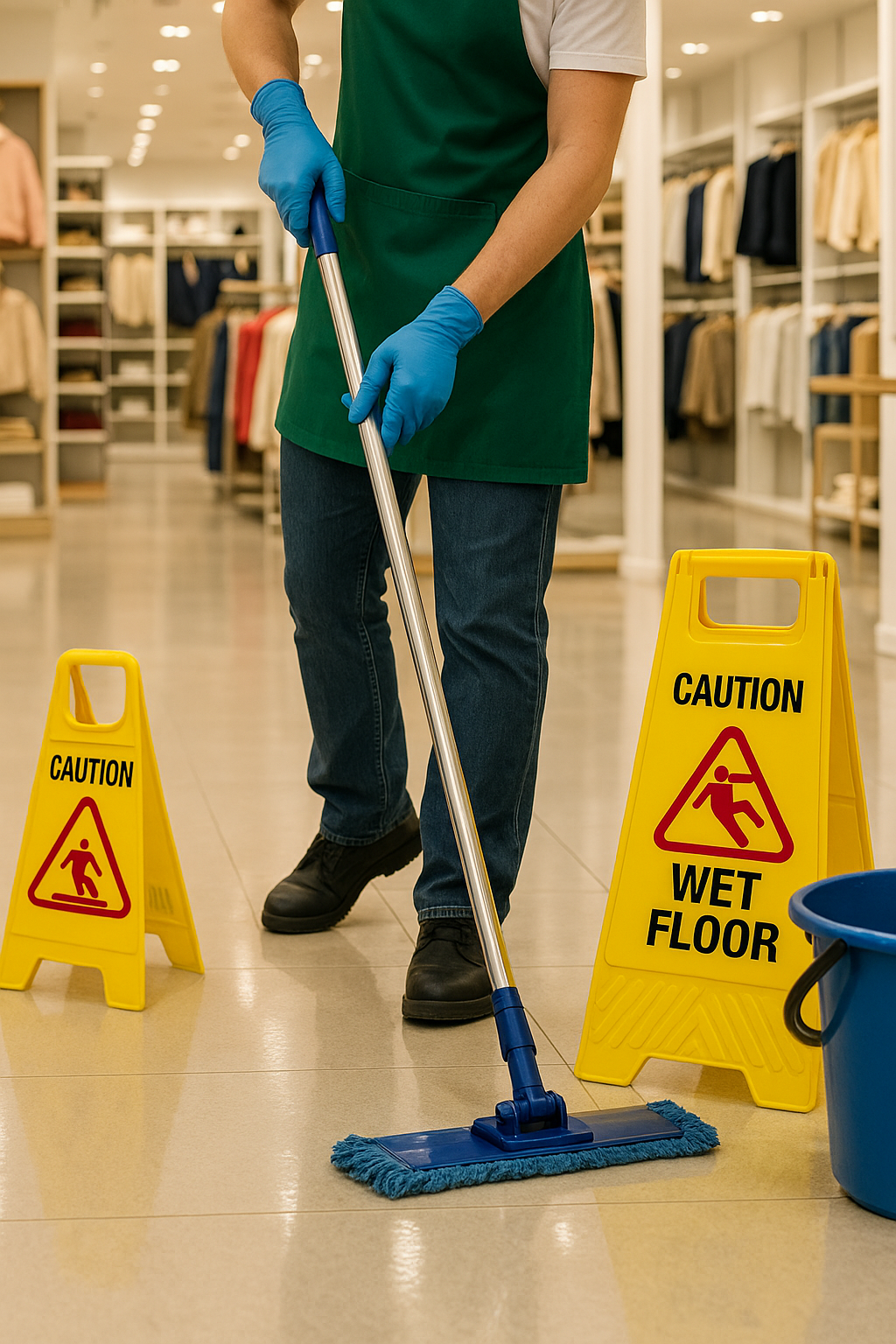 A man mops a wet floor, ensuring cleanliness and safety in the area.