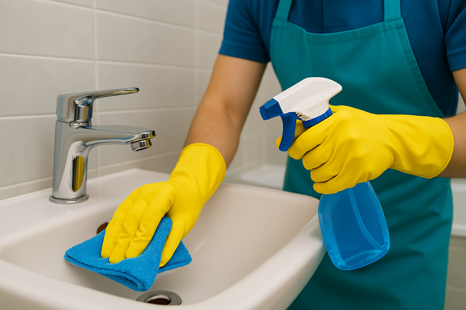 A person wearing a blue apron is scrubbing a sink with a sponge, focused on cleaning the surface.