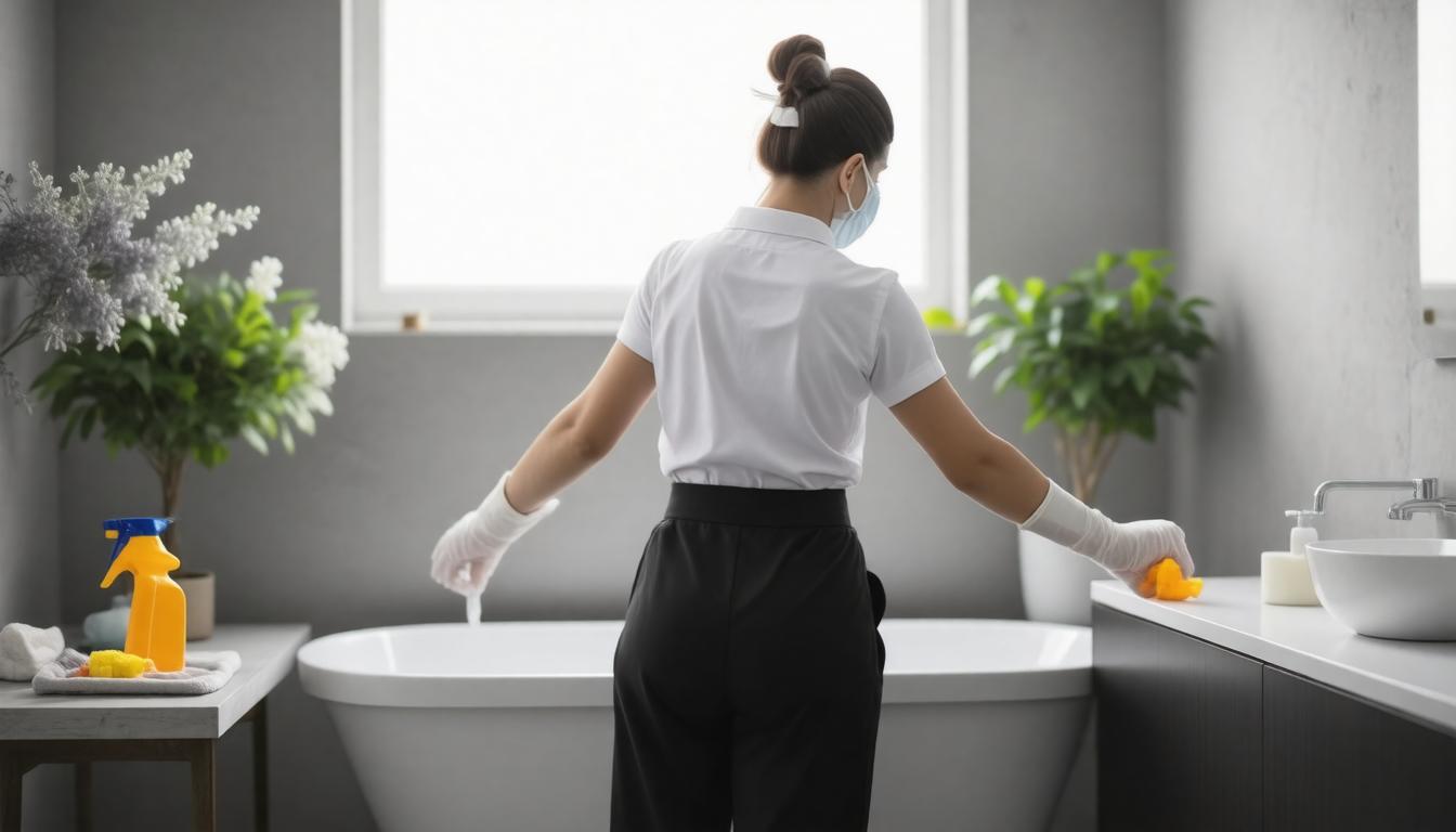 A woman in a white shirt and black pants is cleaning a bathroom, scrubbing the sink and wiping surfaces.