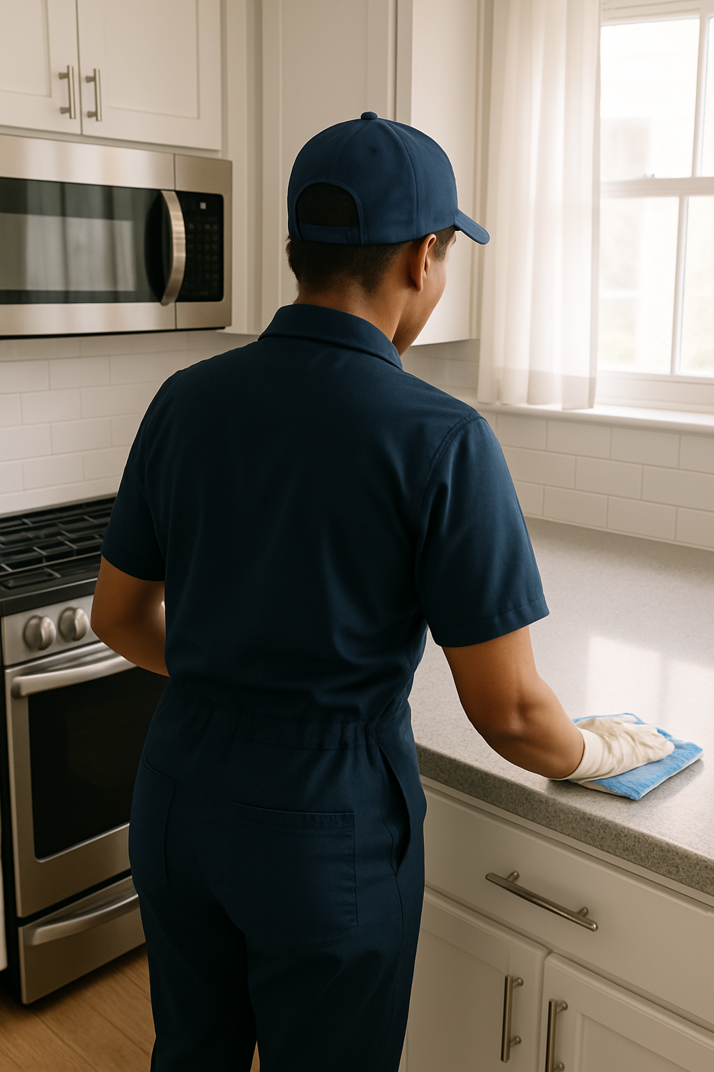 A man in a blue uniform is cleaning a kitchen, using a cloth to wipe down the countertops.