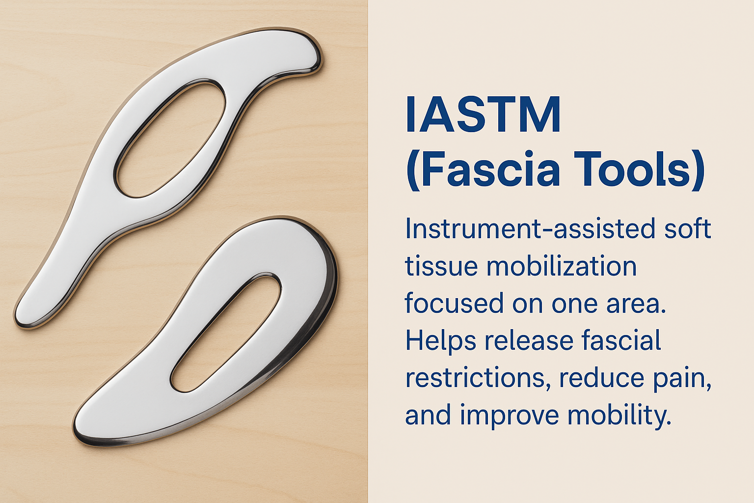 A set of stainless steel IASTM tools displayed with text explaining their use for soft tissue mobilization, used at ViyUla Beauty Spa in Darwin to relieve fascia restrictions.