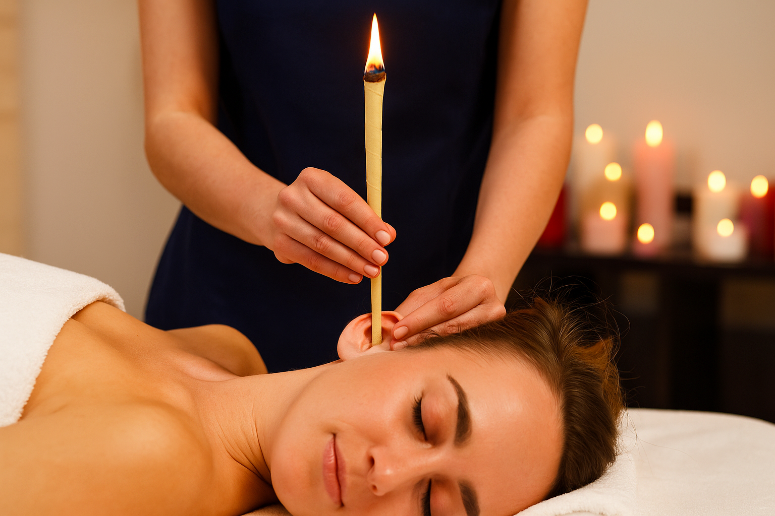 A woman receiving a relaxing ear candling session surrounded by candles at ViyUla Beauty Spa in Darwin, using gentle heat to remove earwax and promote balance.