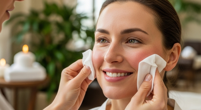 A smiling woman receiving a gentle microdermabrasion facial treatment at a Darwin beauty spa, highlighting clean, glowing skin and expert skincare service at ViyUla Beauty Spa.