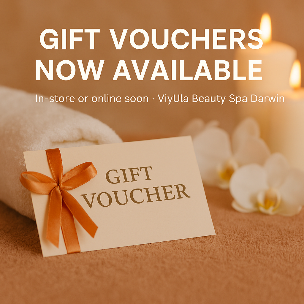 ViyUla Beauty Spa gift voucher placed on a towel with flowers and candles, promoting wellness and relaxation in Darwin