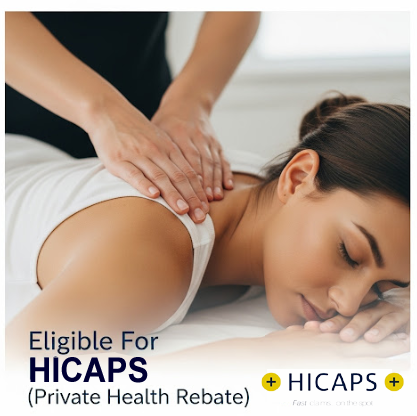 A woman receiving a professional remedial massage at ViyUla Beauty Spa in Darwin, with a HiCaps rebate banner highlighting private health fund eligibility.