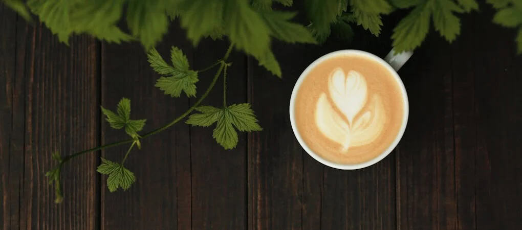 A cappuccino with a heart-shaped latte art design on a dark wood table with green leaves - beann artisan coffee