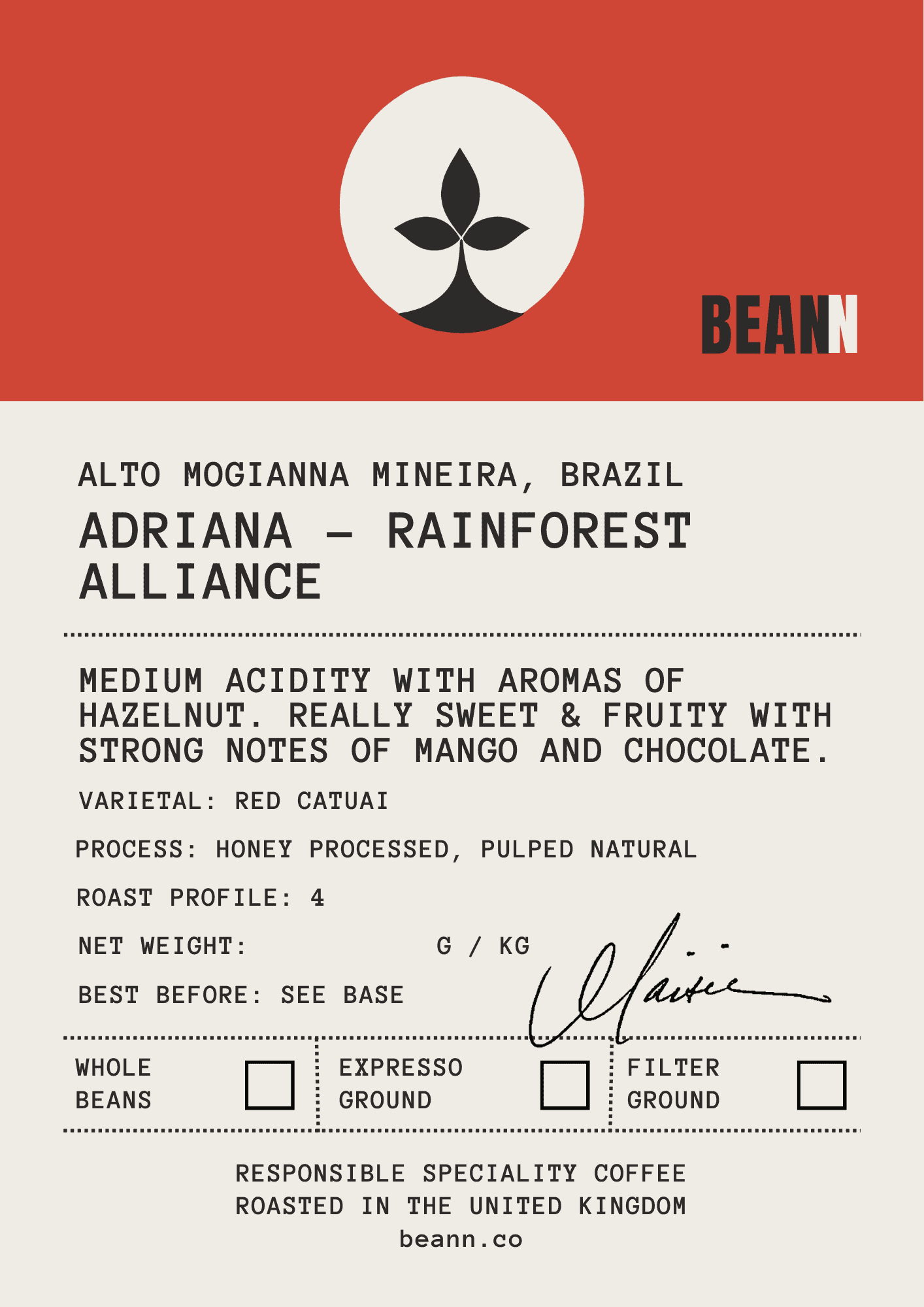 Beann coffee bag label for the Adriana blend from Alto Mogianna Mineira, Brazil - beann artisan coffee