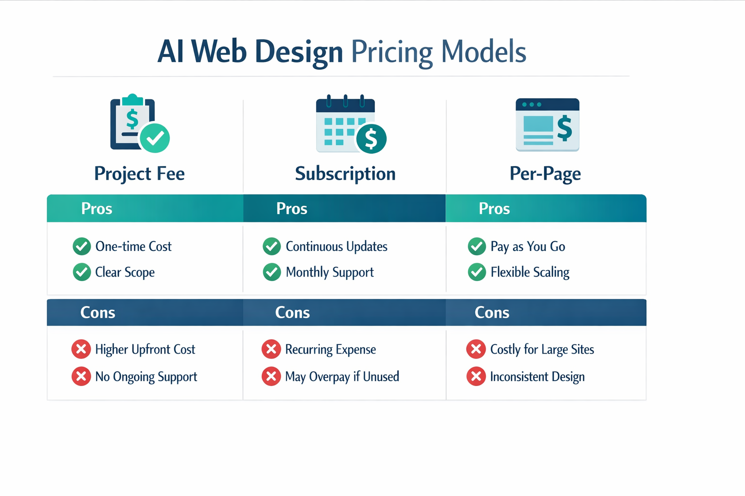 Clean modern flat design comparison chart of AI web design pricing models: project fee vs subscription vs per-page, with pros and cons.