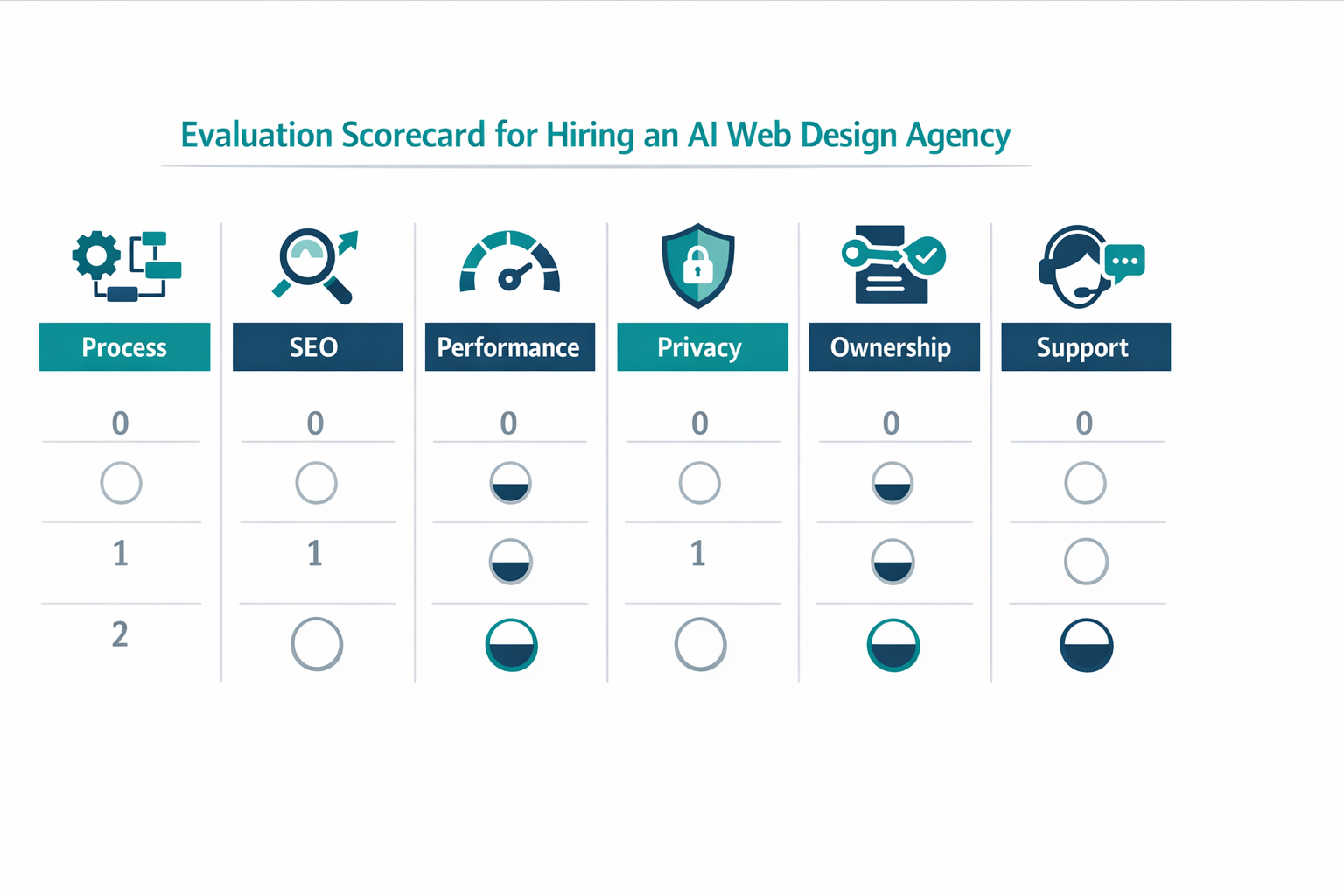 Clean modern flat design infographic showing an evaluation scorecard for hiring an AI web design agency with categories like process, SEO, performance, privacy, ownership, and support.