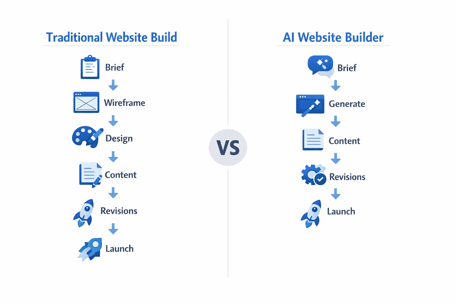 A split infographic comparing traditional vs AI website build workflows for agencies.