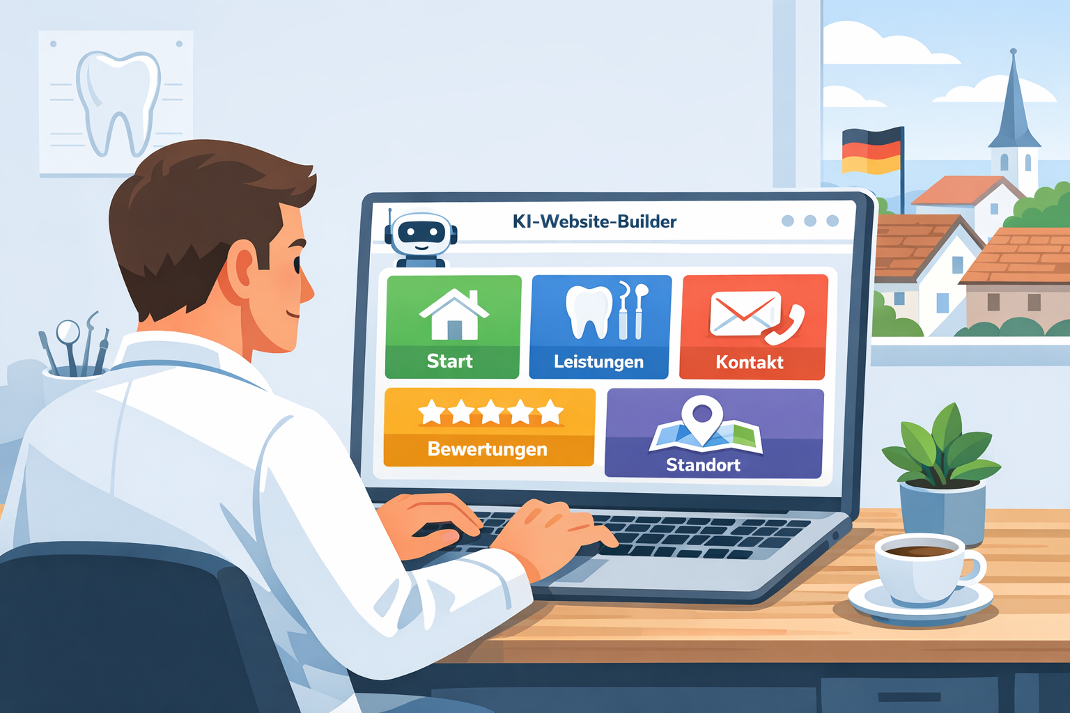 Illustration: Lokales Unternehmen erstellt mit KI eine Website, mit Fokus auf Leistungen, Standort und Bewertungen.