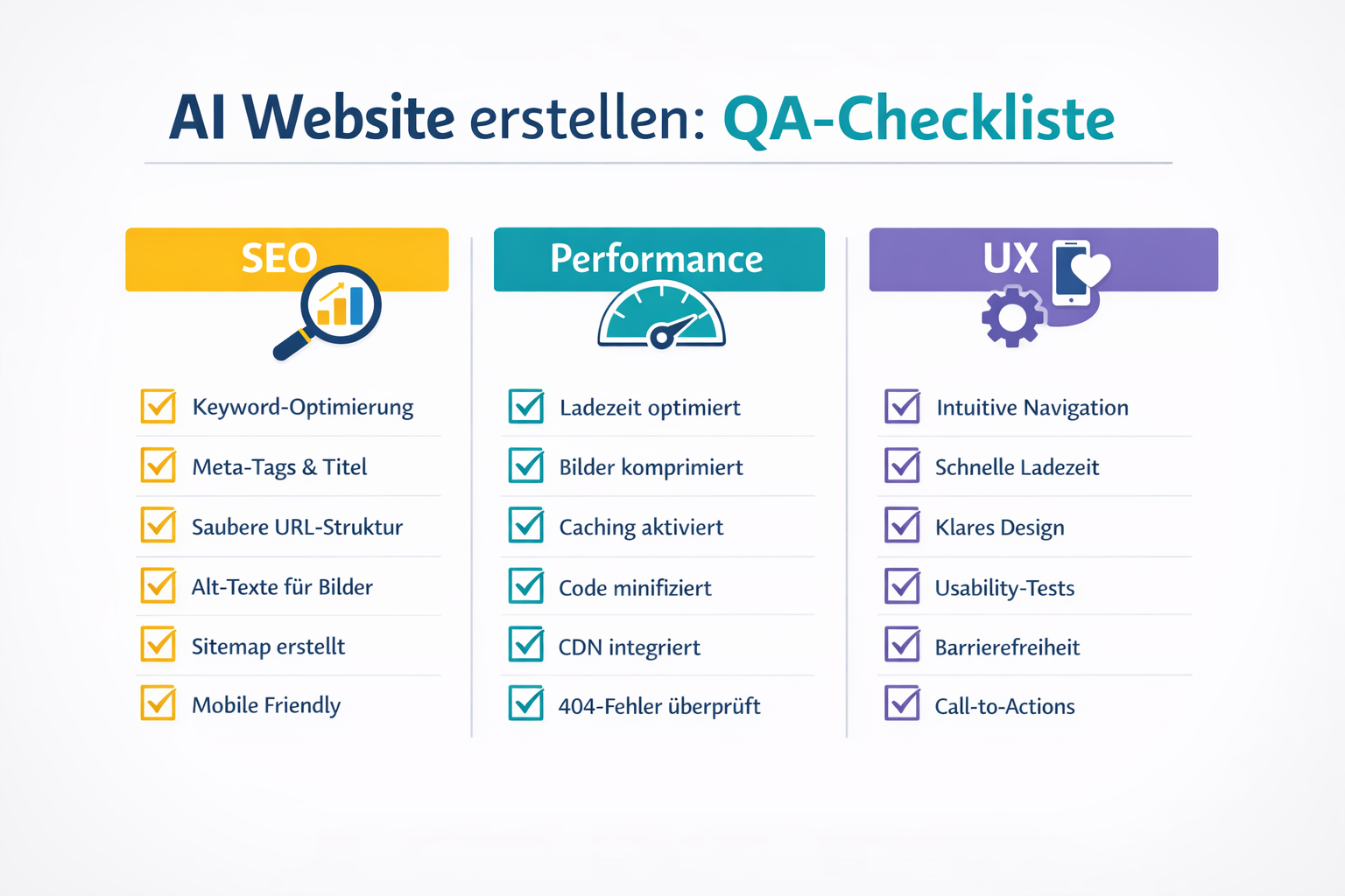 Checkliste: QA vor dem Launch, gegliedert nach SEO, Performance und UX mit klaren Checkbox-Punkten.