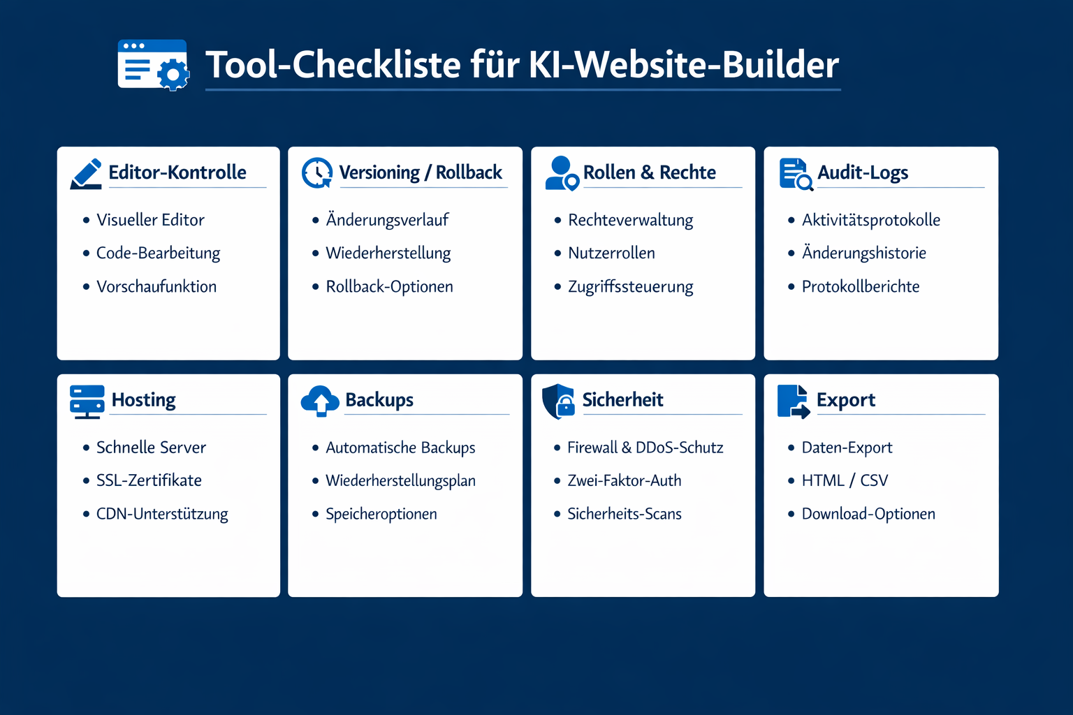 Checkliste als Grafik: Kriterien für KI-Website-Builder, inklusive Editor-Kontrolle, Versioning, Rollen und Sicherheit.