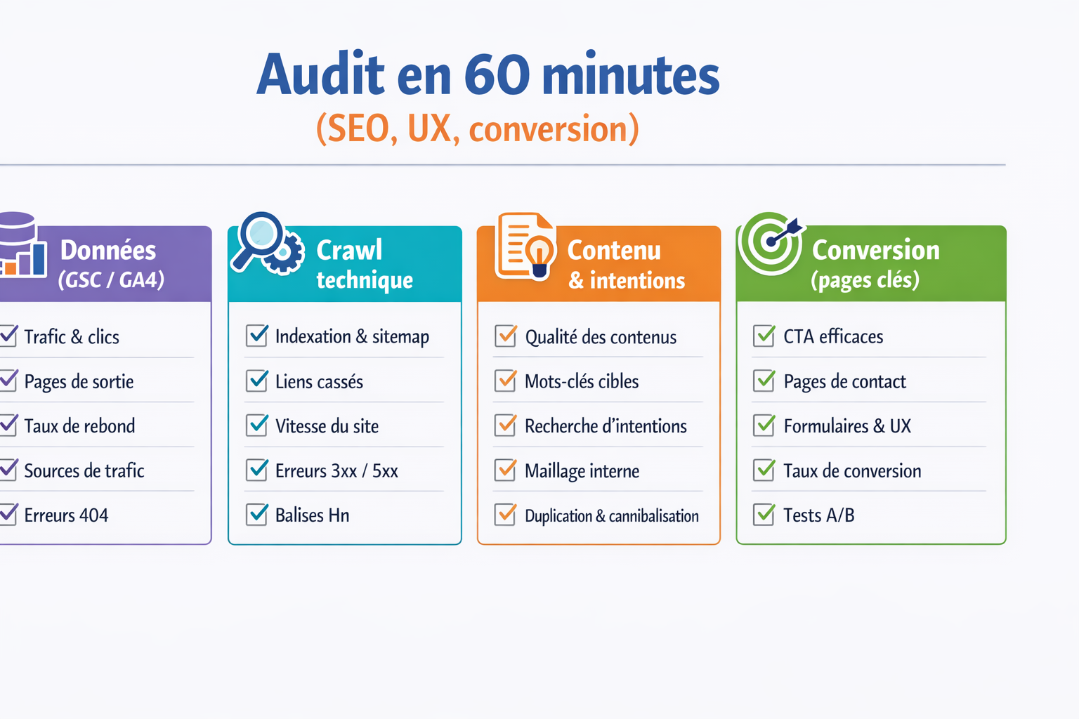Infographie: checklist “Audit en 60 minutes” pour analyser SEO, UX et conversion avec des étapes claires.