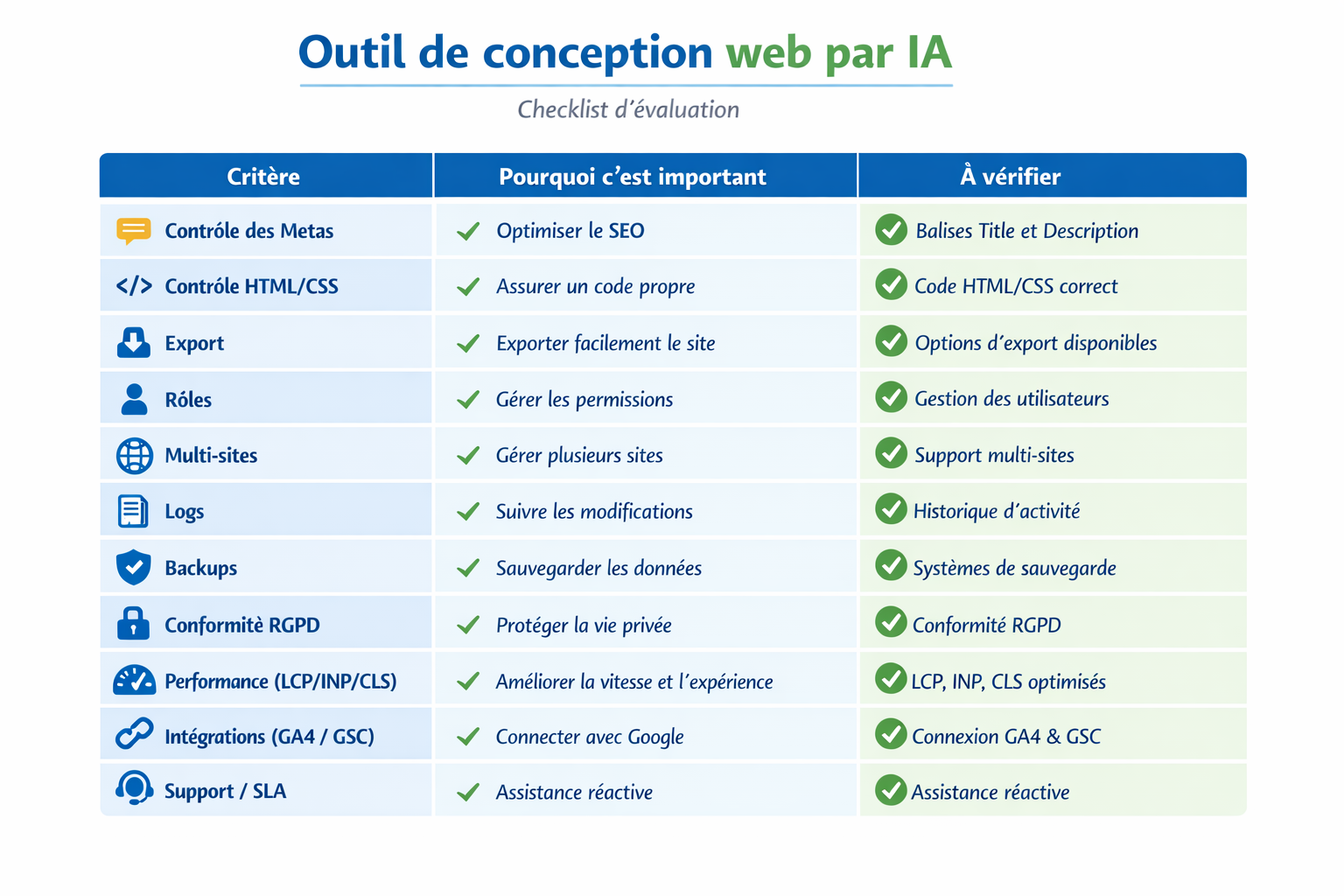 Infographie checklist pour évaluer un outil de conception web par IA : SEO, contrôle, multi-sites, rôles, sécurité, performance.