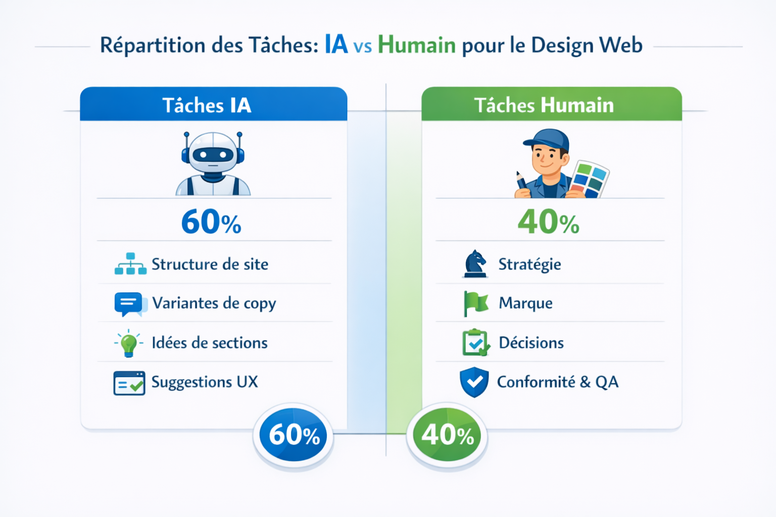 Diagramme illustrant la répartition des tâches entre IA et humain dans la conception web, avec ce que l’IA automatise et ce que le webdesigner décide.