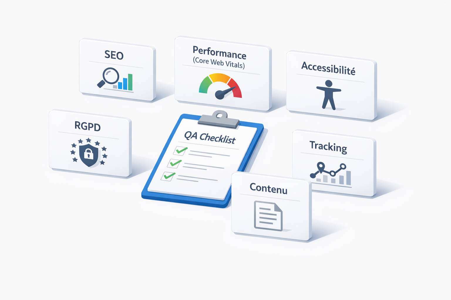 Illustration d’une checklist QA pour un site créé avec IA : SEO, performance, accessibilité, RGPD, tracking.