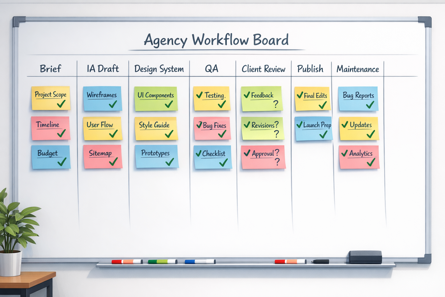 Illustration d’un tableau Kanban d’agence pour un workflow de conception web par IA : brief, IA draft, design system, QA, review client, publication, maintenance.