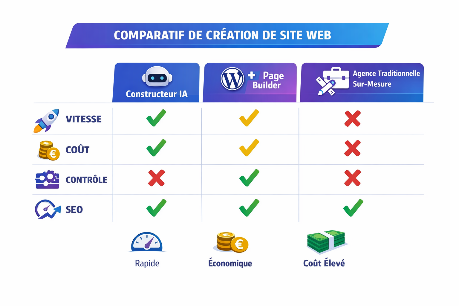 Infographie comparant constructeur IA vs WordPress vs création traditionnelle sur-mesure (vitesse, coût, contrôle, SEO).