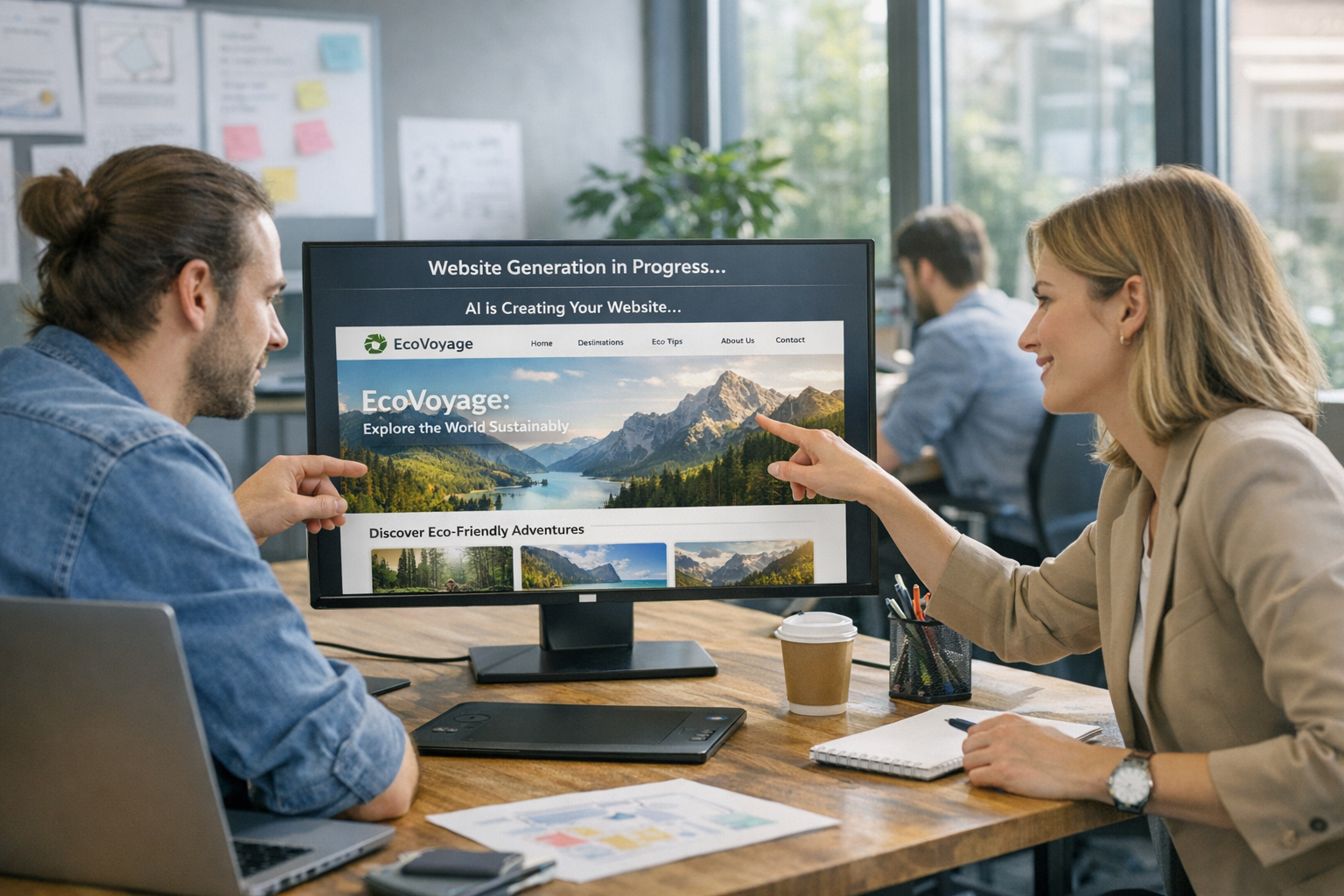 Photo d’un bureau d’agence où une équipe prépare un site client avec un constructeur de site web IA.