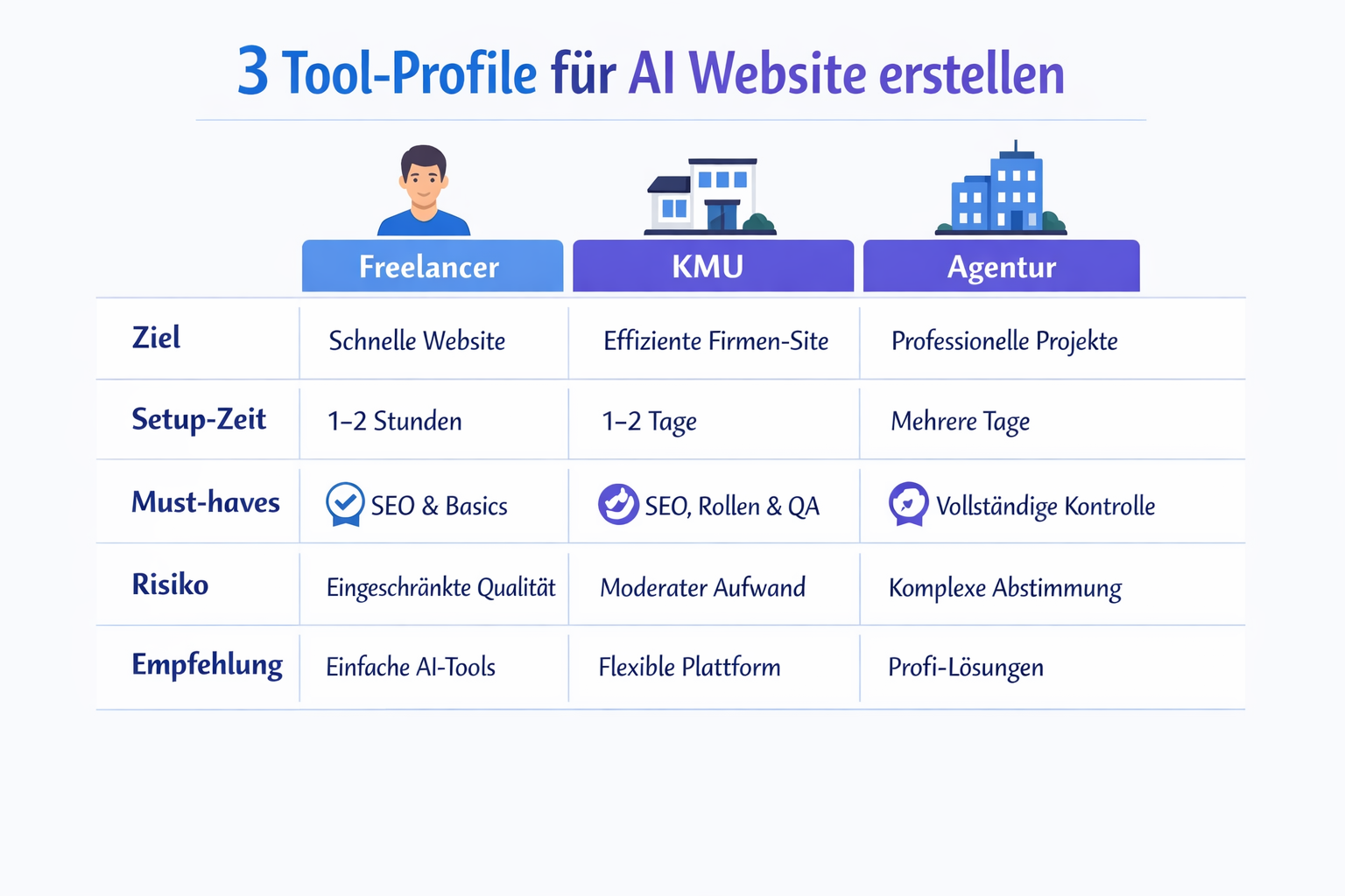 Infografik: 3 Tool-Profile (Freelancer, KMU, Agentur) für das Thema AI Website erstellen, inklusive Must-haves und Risiken.