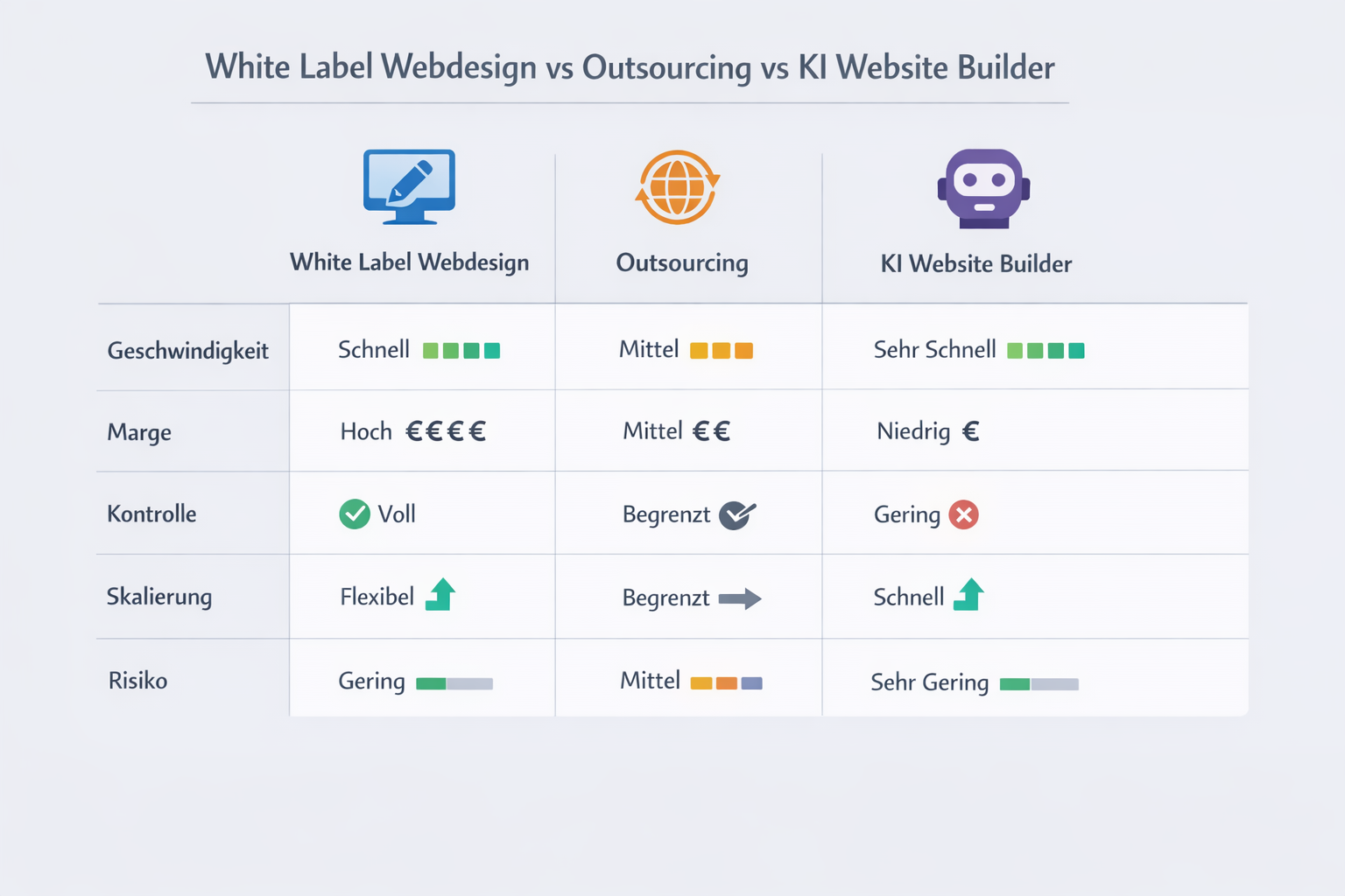 Vergleichs-Infografik: White Label Webdesign vs Outsourcing vs AI Website Builder, bewertet nach Speed, Marge, Kontrolle, Skalierung und Risiko.
