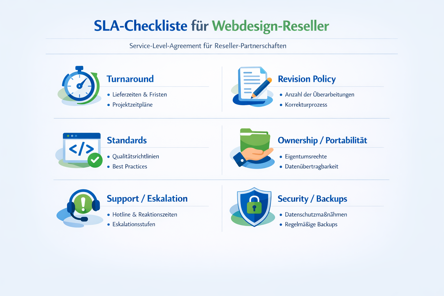 SLA-Checkliste als Infografik für Webdesign-Reseller: Turnaround, Revision Policy, Standards, Ownership, Support und Security.