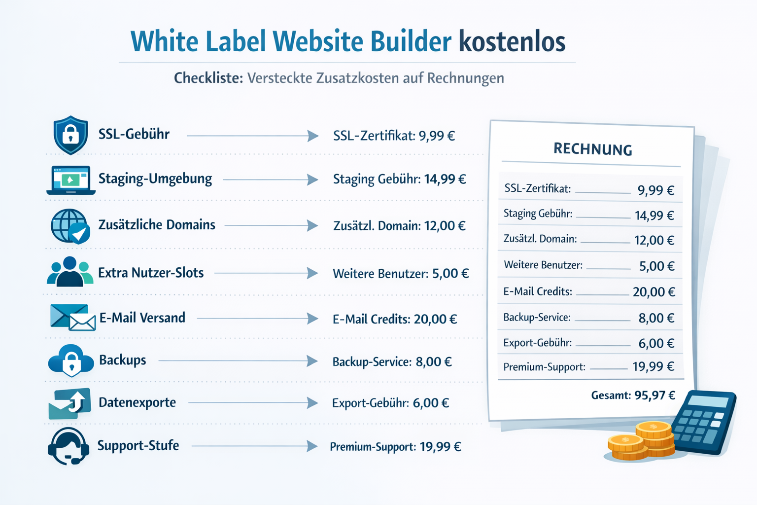 Flat-Design-Infografik: Checkliste versteckter Add-ons für einen kostenlosen White Label Website Builder (SSL, Staging, Domains, Seats, E-Mail, Backups, Exports, Support).