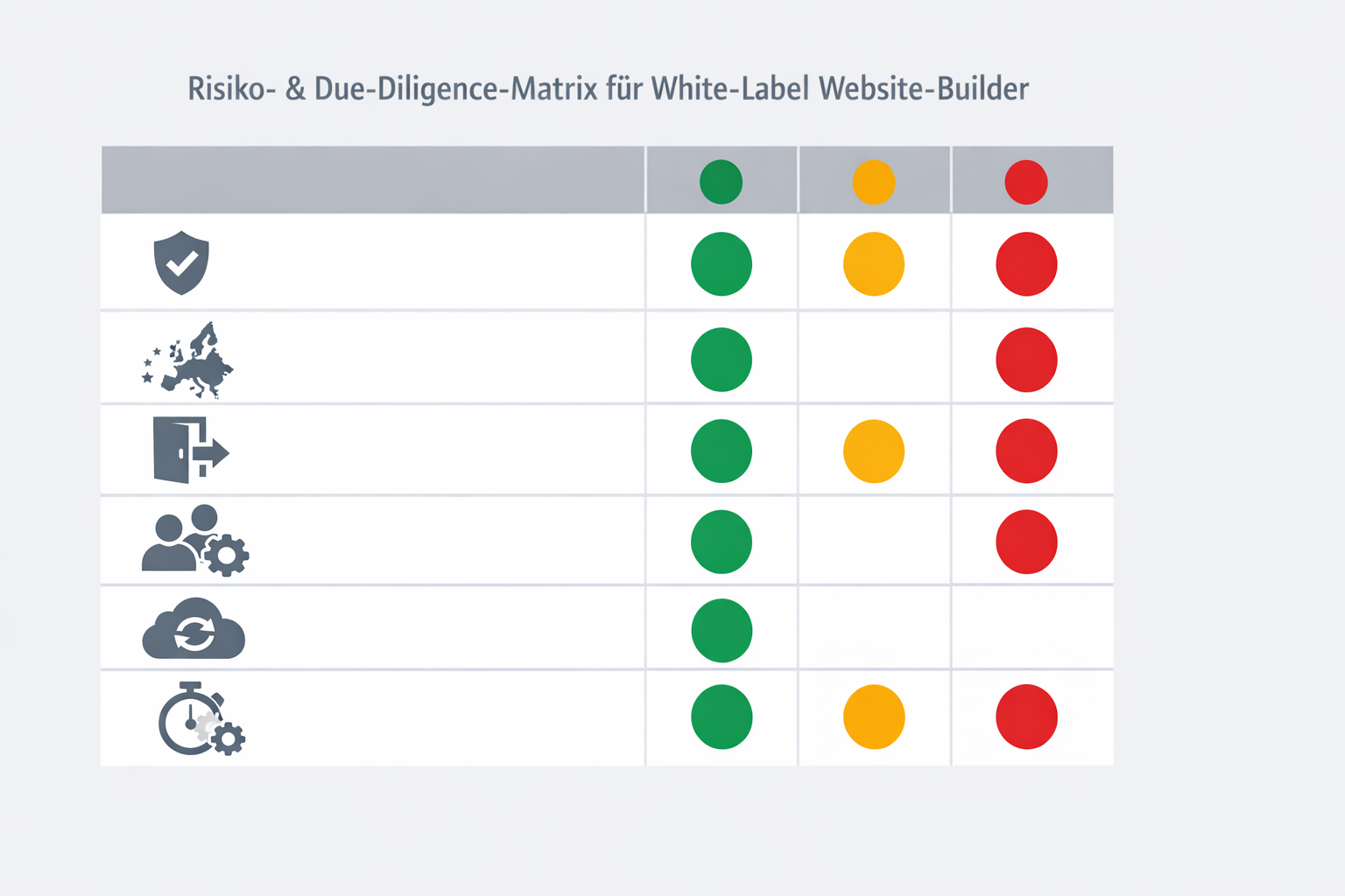 Infografik: Due-Diligence-Matrix für White Label Website Builder mit Kategorien wie DSGVO, Datenstandort, Export/Exit-Plan, Rollen, Backups, SLA und Security.