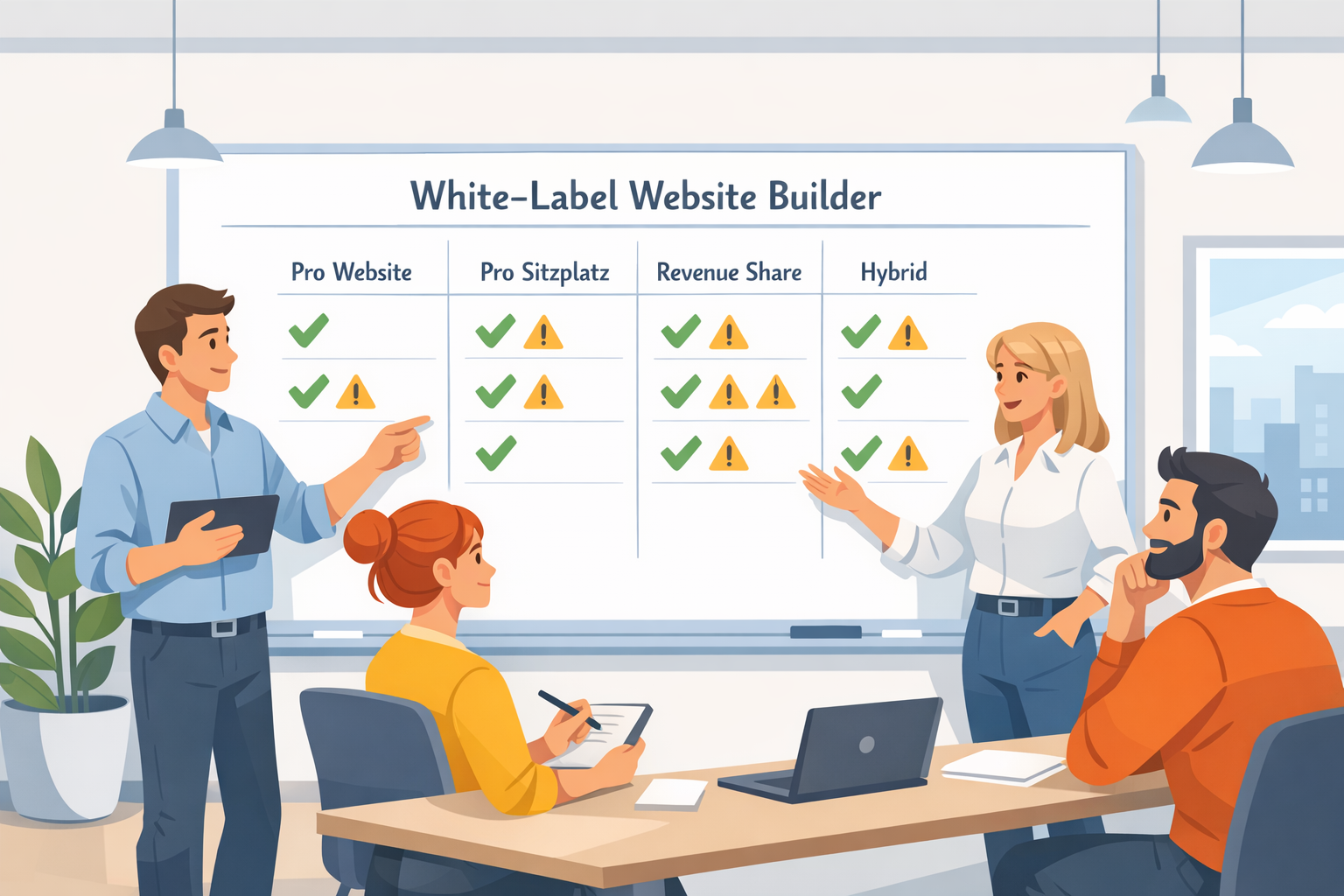 Illustration: Team einer Webagentur vergleicht Preismodelle (pro Website, pro Seat, Revenue Share, Hybrid) für White Label Website Builder, mit Häkchen und Warnsymbolen.