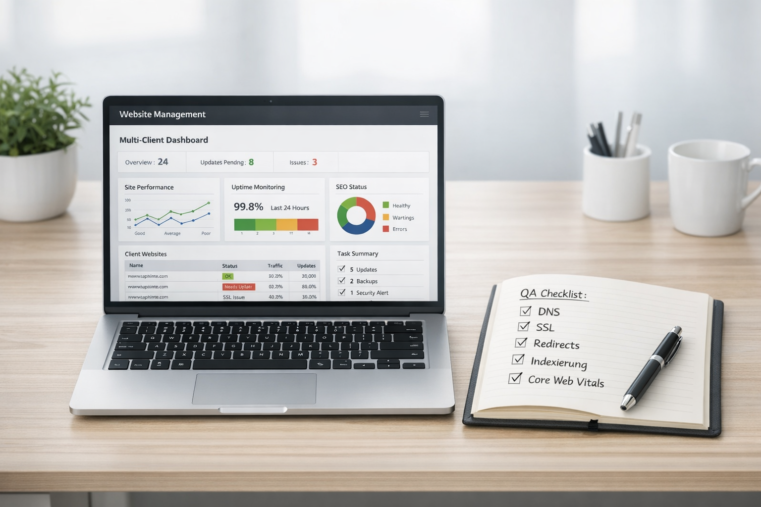 Fotorealistisches Büro-Setup: Laptop mit Multi-Client Website Management Dashboard und Notizbuch mit QA-Launch-Checkliste (DNS, SSL, Redirects, Indexierung, Core Web Vitals).