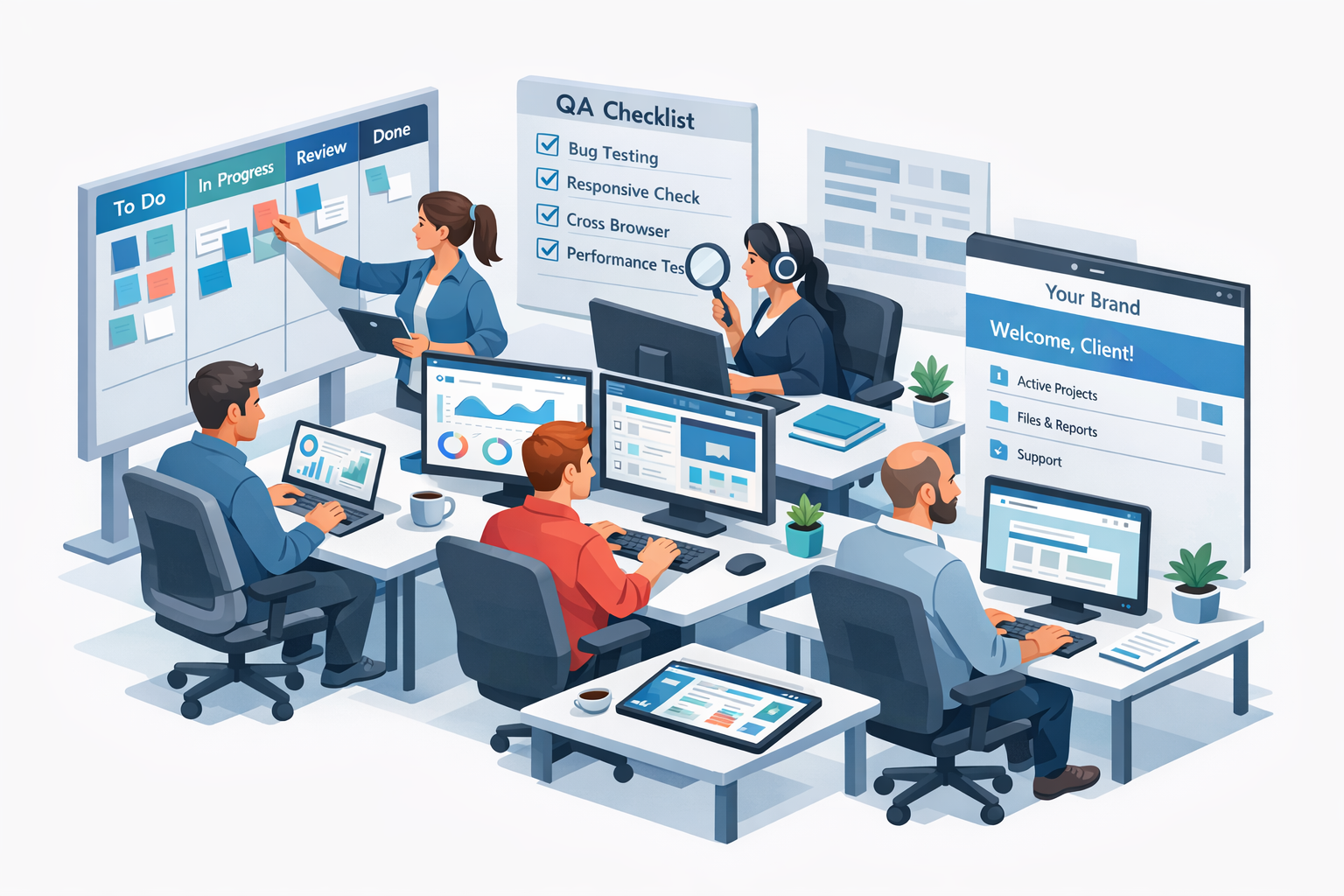 Isometric illustration of an agency workflow across multiple client sites, with QA and client portal screens.