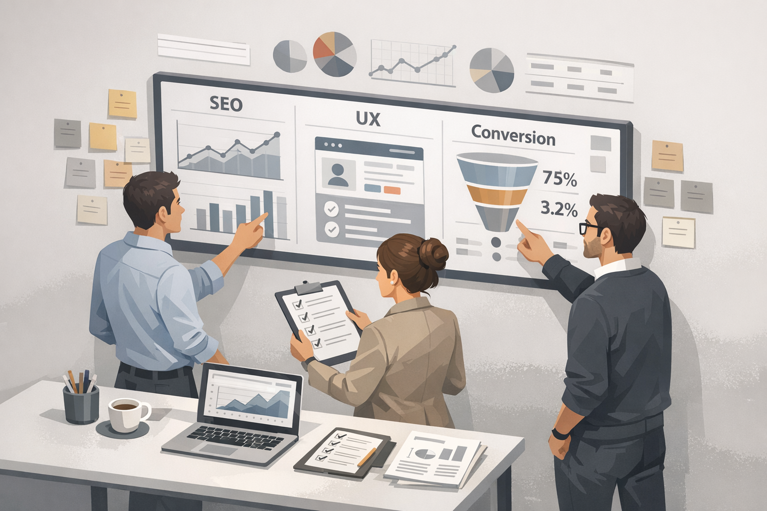 Illustration : une équipe marketing analyse un dashboard SEO, UX et conversion avec une checklist, dans un style moderne et professionnel.