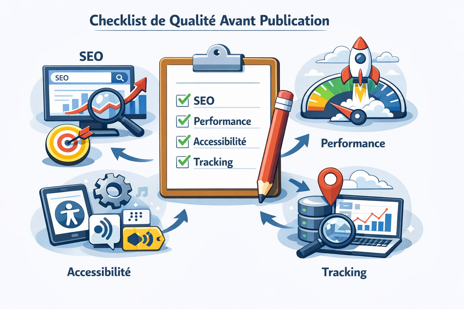 Illustration : checklist de qualité avant publication pour SEO, performance, accessibilité et tracking.